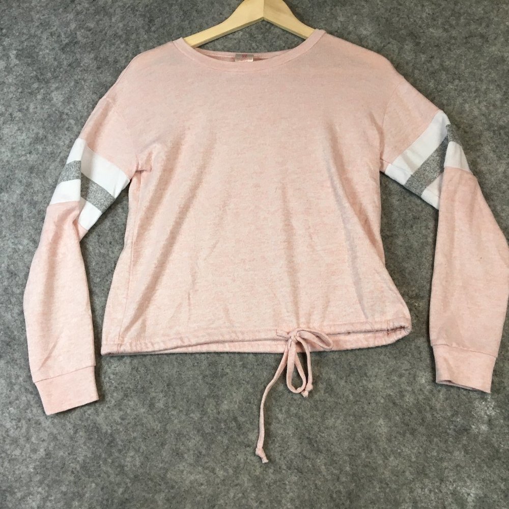 No Boundaries Sweater S 3 5 Juniors Varsity Colorblock Pink Gray Tie Front Women